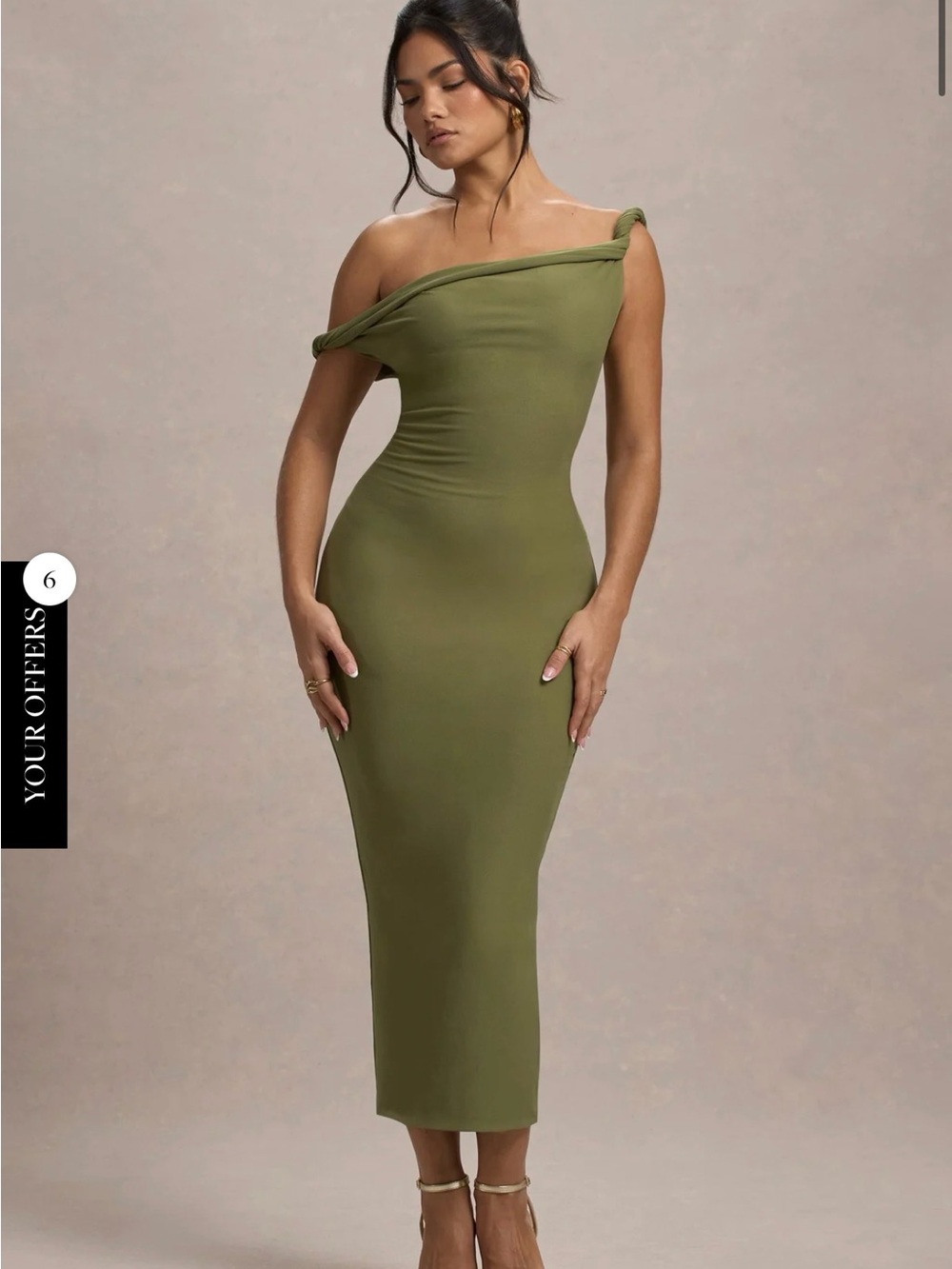 Club London SALOME
Olive Twisted Asymmetric Midi Dress-new with tags, never worn